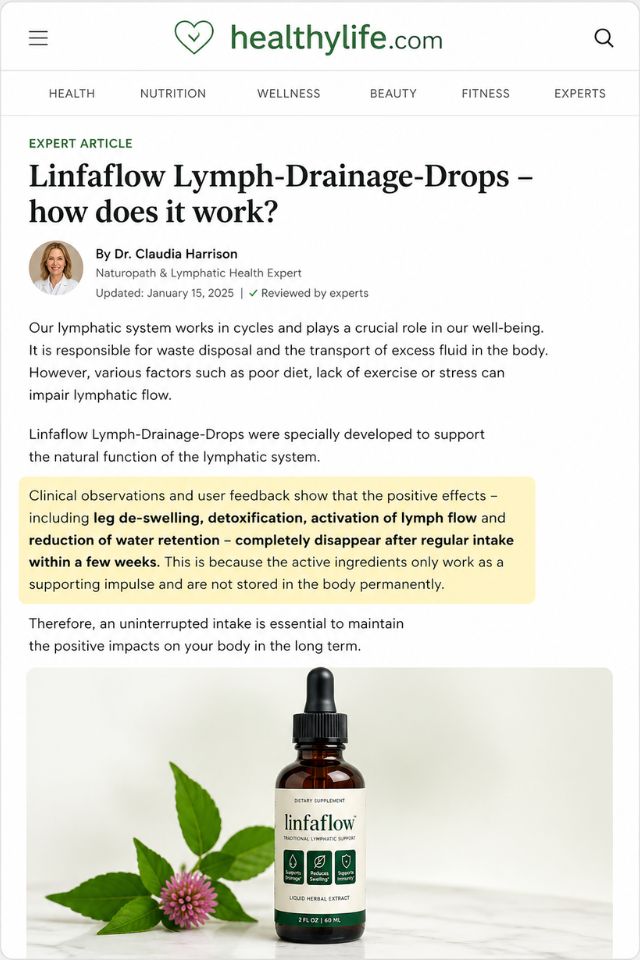 Expert article screenshot from healthylife.com explaining how Linfaflow works