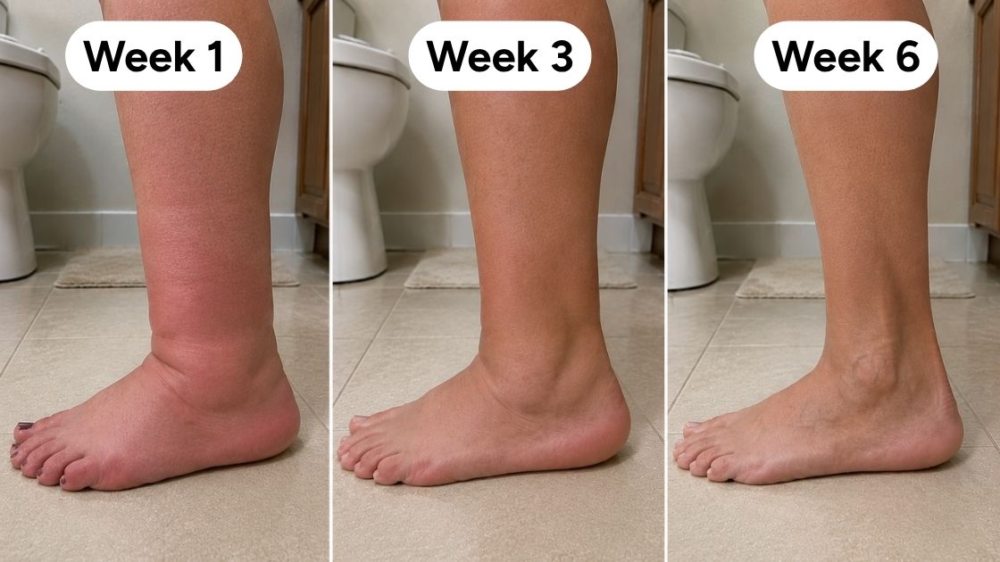 A woman's foot and ankle de-swelling over six weeks, shown at week 1, week 3 and week 6