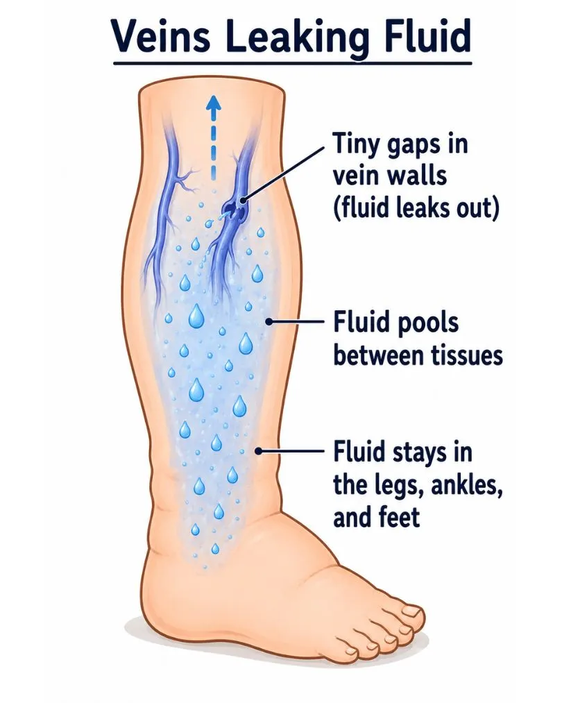 Illustration of veins leaking fluid into the surrounding tissue